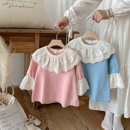 長袖ワンピース 長袖ニットワンピース 膝丈 レース刺繍 ビッグカラー フレアスリーブ プリンセス【mh0011388】