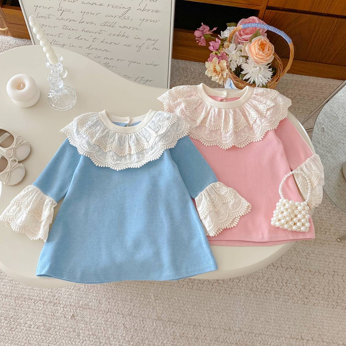 長袖ワンピース 長袖ニットワンピース 膝丈 レース刺繍 ビッグカラー フレアスリーブ プリンセス【mh0011388】