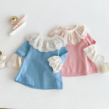 長袖ワンピース 長袖ニットワンピース 膝丈 レース刺繍 ビッグカラー フレアスリーブ プリンセス【mh0011388】