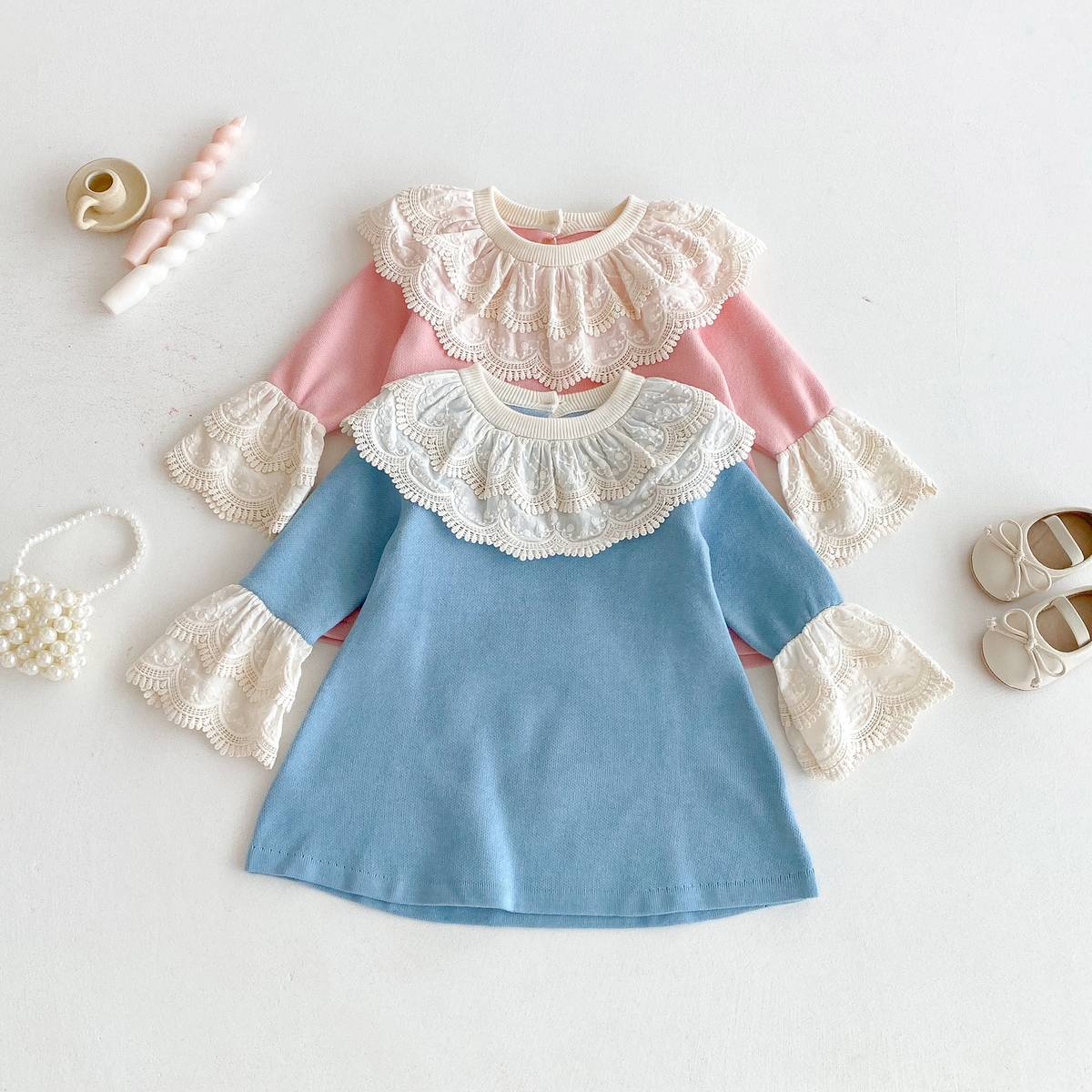 長袖ワンピース 長袖ニットワンピース 膝丈 レース刺繍 ビッグカラー フレアスリーブ プリンセス【mh0011388】