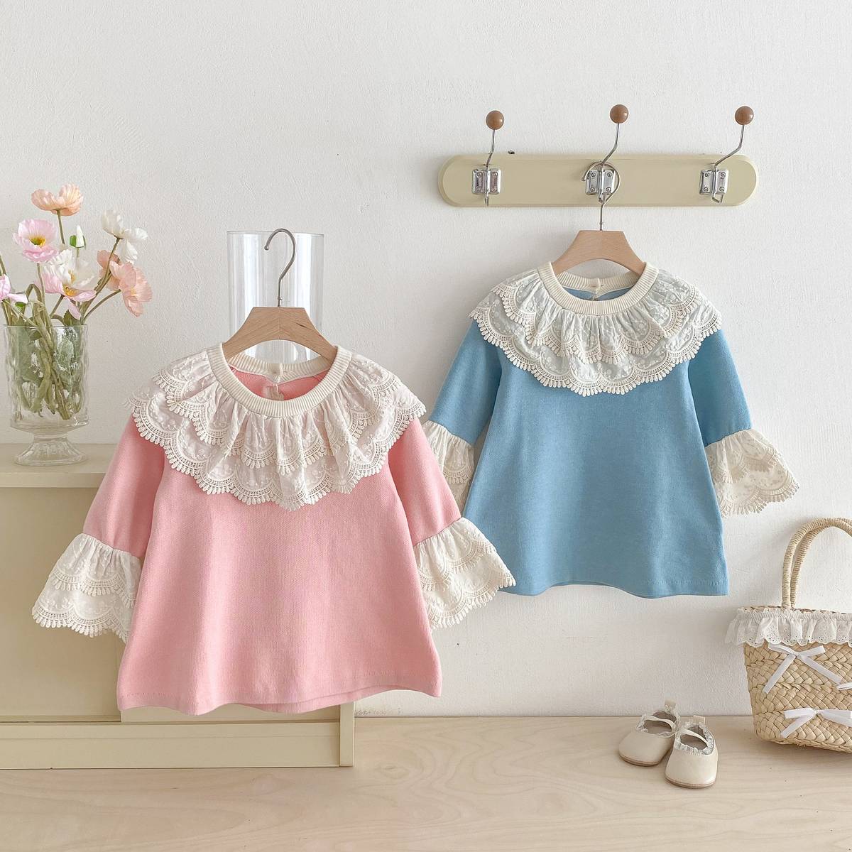 長袖ワンピース 長袖ニットワンピース 膝丈 レース刺繍 ビッグカラー フレアスリーブ プリンセス【mh0011388】