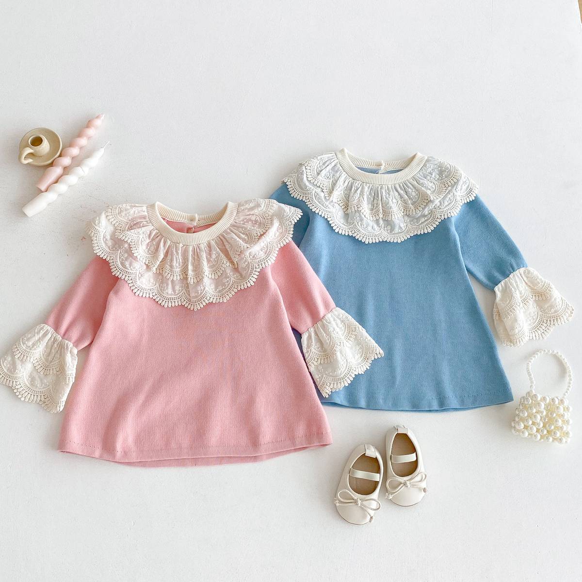 長袖ワンピース 長袖ニットワンピース 膝丈 レース刺繍 ビッグカラー フレアスリーブ プリンセス【mh0011388】