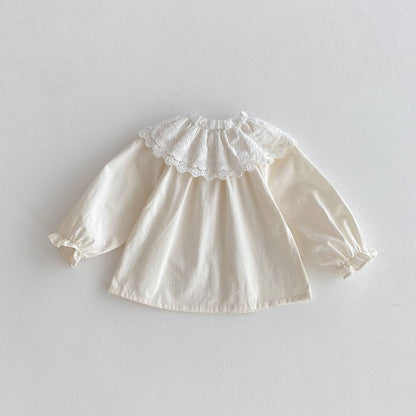 長袖シャツ・ブラウス 長袖ブラウス 綿素材 レースフリル ダブル襟 ギャザー ベルスリーブ風【mh0011392】