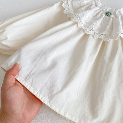 長袖シャツ・ブラウス 長袖ブラウス 綿素材 レースフリル ダブル襟 ギャザー ベルスリーブ風【mh0011392】