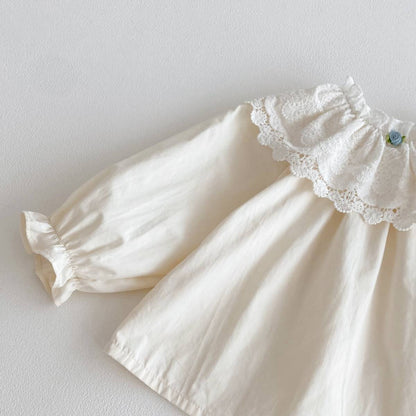 長袖シャツ・ブラウス 長袖ブラウス 綿素材 レースフリル ダブル襟 ギャザー ベルスリーブ風【mh0011392】