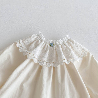 長袖シャツ・ブラウス 長袖ブラウス 綿素材 レースフリル ダブル襟 ギャザー ベルスリーブ風【mh0011392】