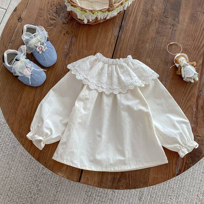 長袖シャツ・ブラウス 長袖ブラウス 綿素材 レースフリル ダブル襟 ギャザー ベルスリーブ風【mh0011392】