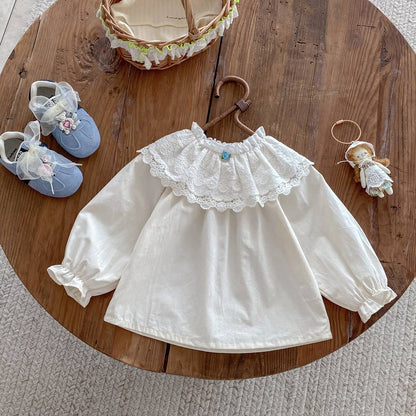 長袖シャツ・ブラウス 長袖ブラウス 綿素材 レースフリル ダブル襟 ギャザー ベルスリーブ風【mh0011392】