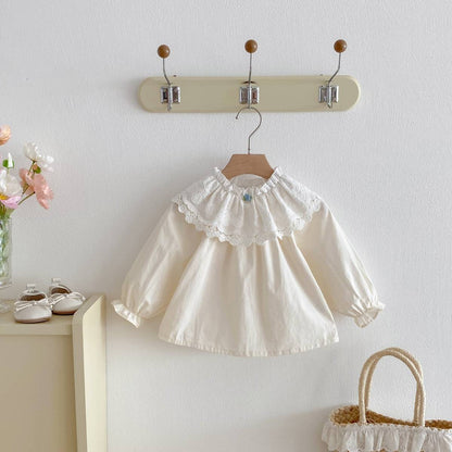 長袖シャツ・ブラウス 長袖ブラウス 綿素材 レースフリル ダブル襟 ギャザー ベルスリーブ風【mh0011392】