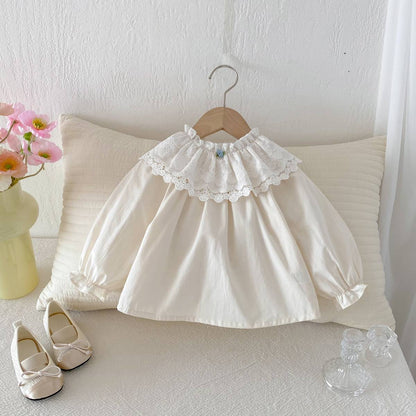 長袖シャツ・ブラウス 長袖ブラウス 綿素材 レースフリル ダブル襟 ギャザー ベルスリーブ風【mh0011392】