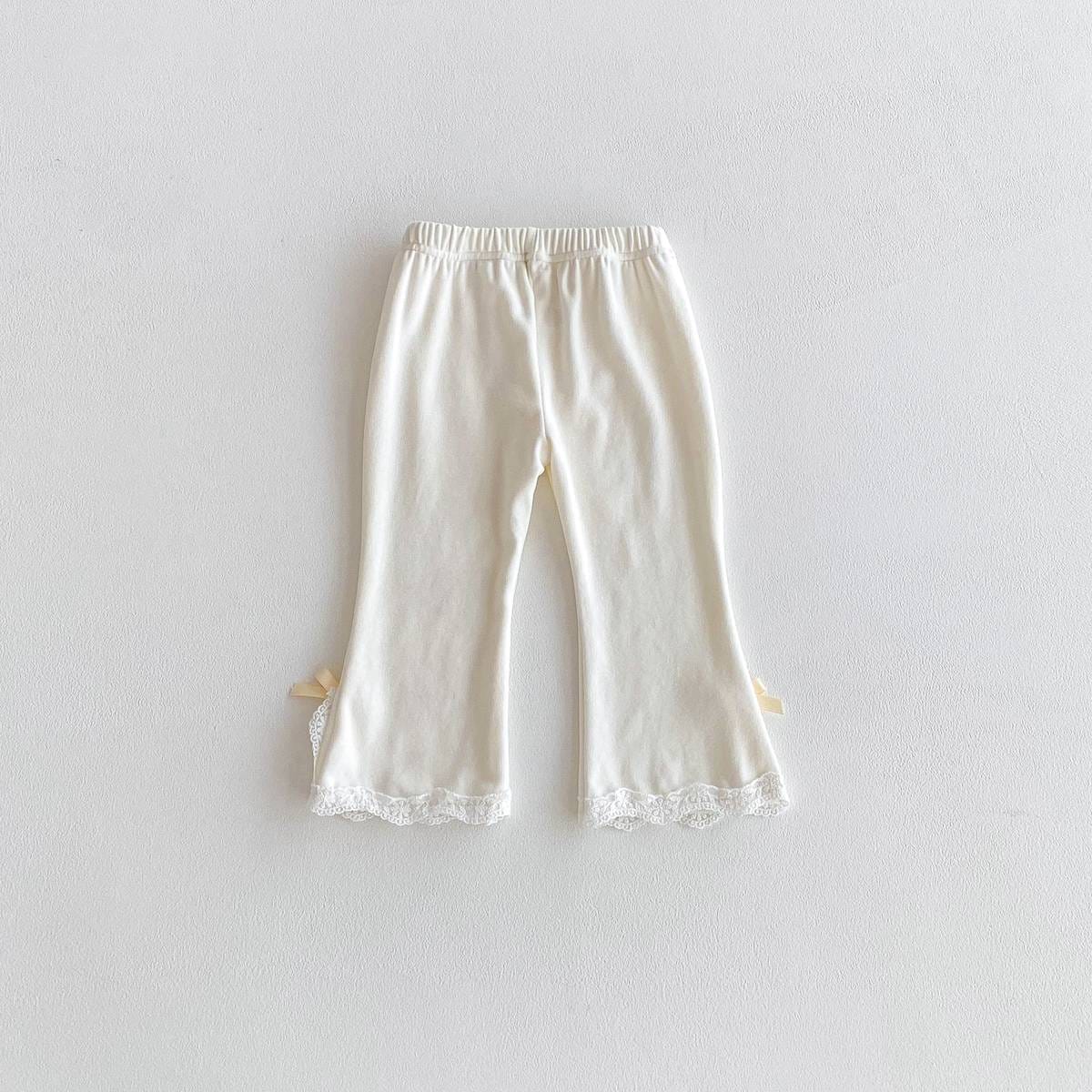 レギンスパンツ レギンスパンツ リブ生地 裾レースフリル スリットリボン フレア【mh0011393】