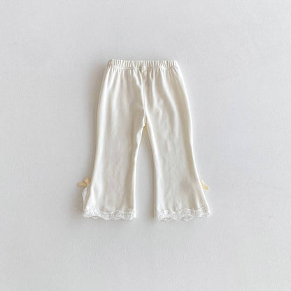 レギンスパンツ レギンスパンツ リブ生地 裾レースフリル スリットリボン フレア【mh0011393】