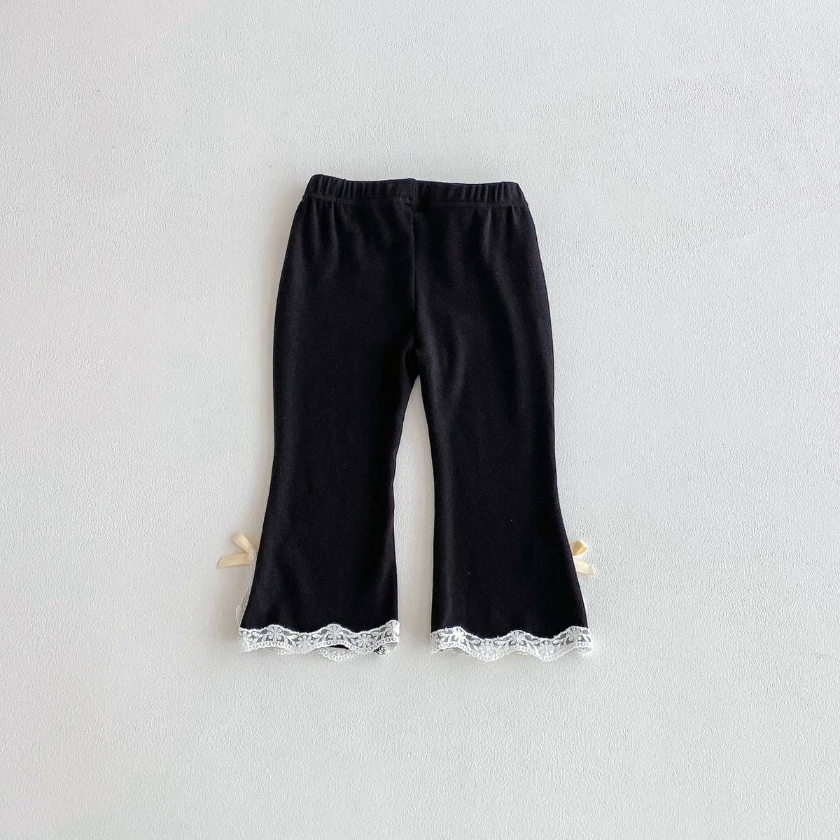 レギンスパンツ レギンスパンツ リブ生地 裾レースフリル スリットリボン フレア【mh0011393】
