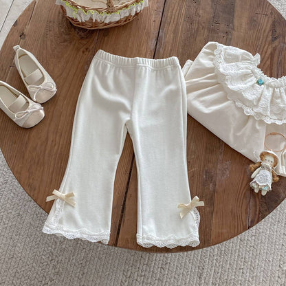 レギンスパンツ レギンスパンツ リブ生地 裾レースフリル スリットリボン フレア【mh0011393】