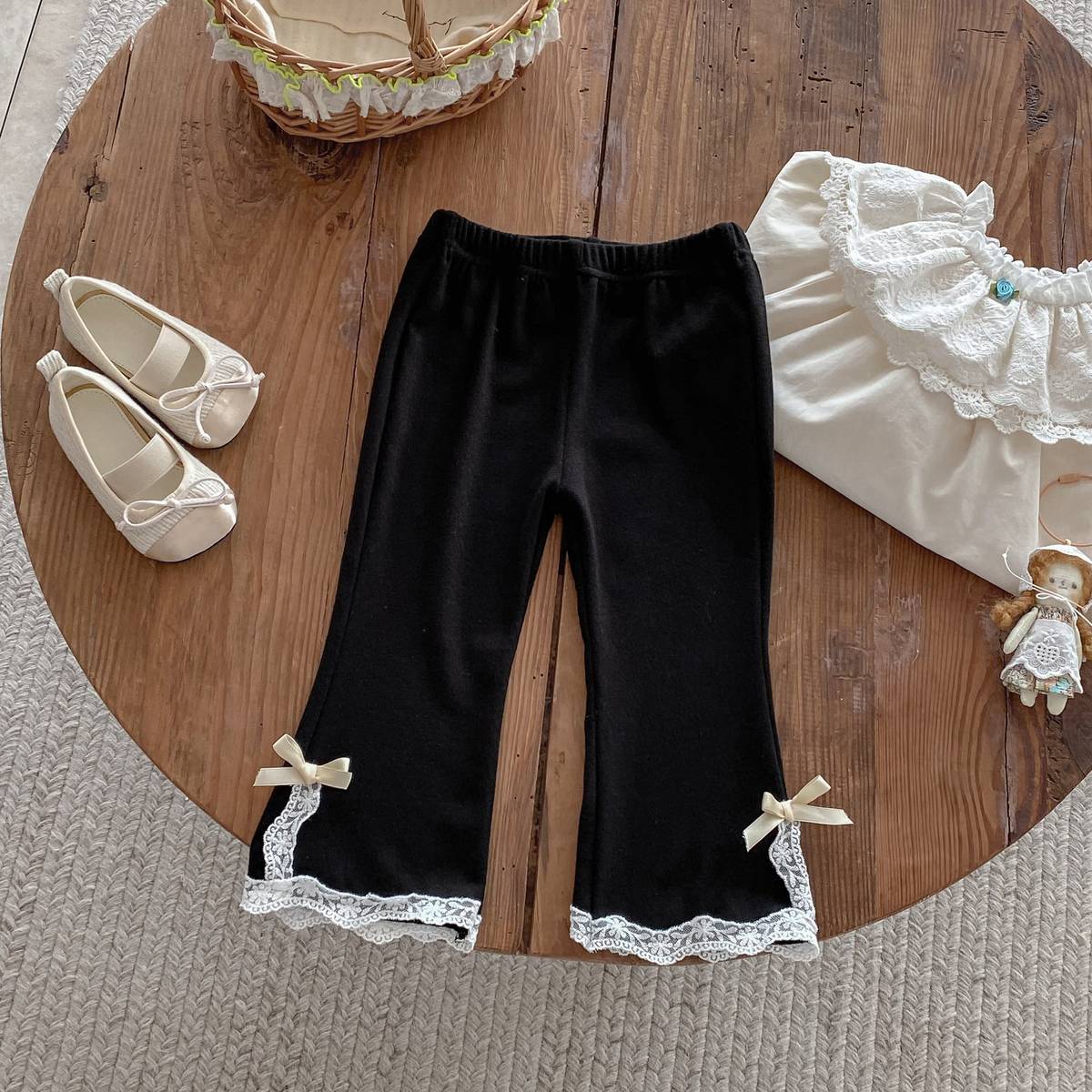 レギンスパンツ レギンスパンツ リブ生地 裾レースフリル スリットリボン フレア【mh0011393】