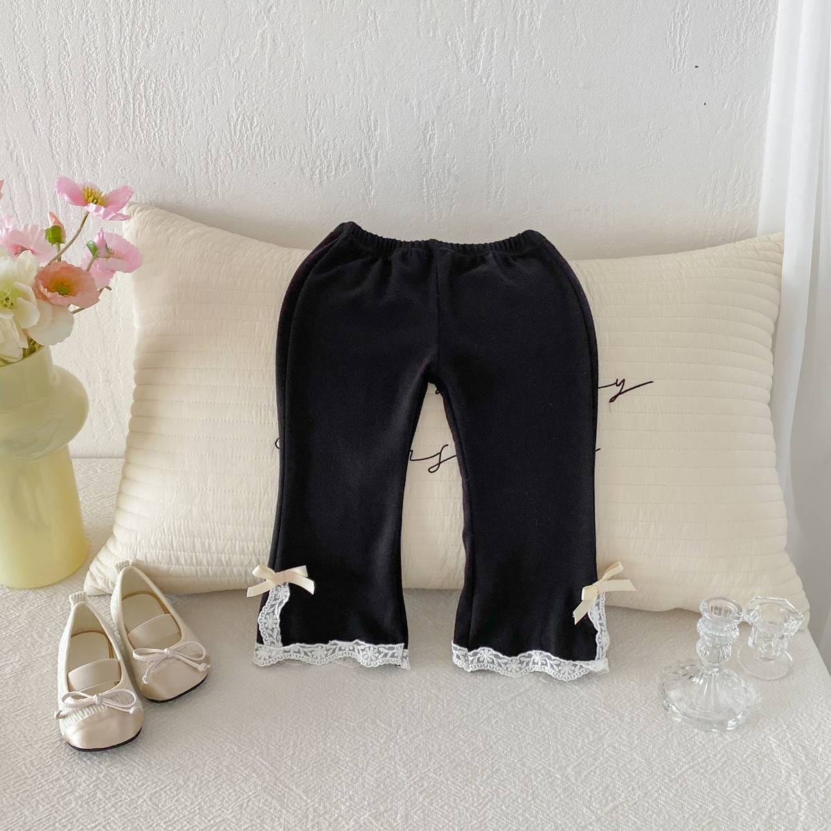 レギンスパンツ レギンスパンツ リブ生地 裾レースフリル スリットリボン フレア【mh0011393】