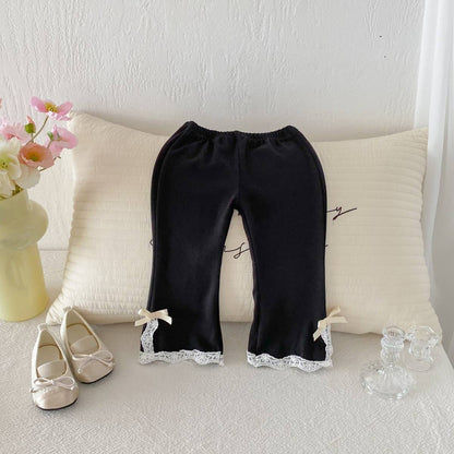 レギンスパンツ レギンスパンツ リブ生地 裾レースフリル スリットリボン フレア【mh0011393】