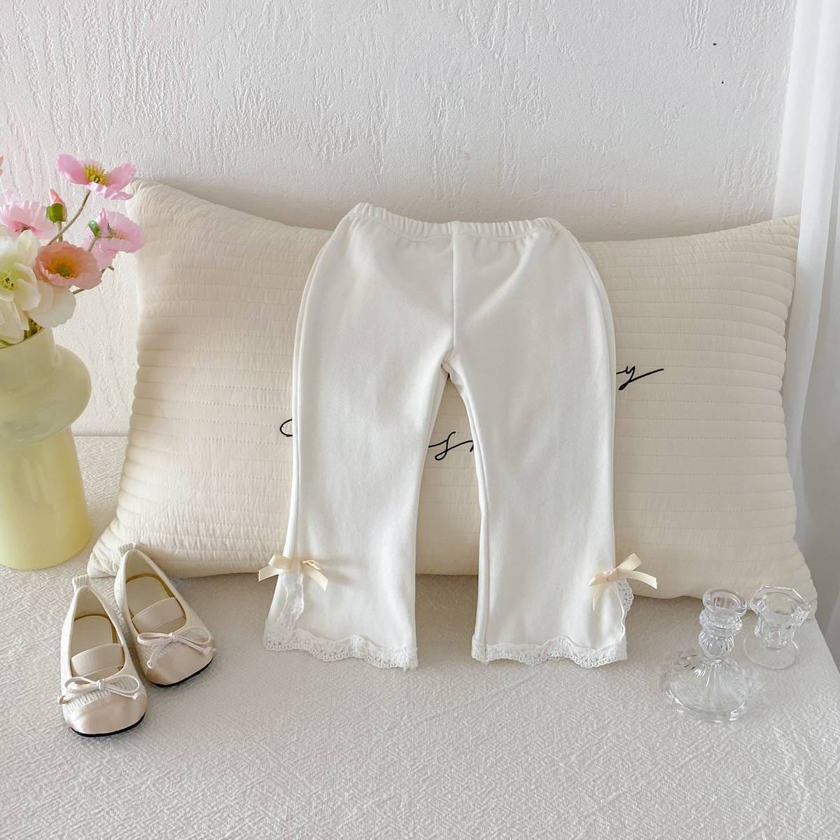 レギンスパンツ レギンスパンツ リブ生地 裾レースフリル スリットリボン フレア【mh0011393】