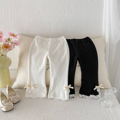 レギンスパンツ レギンスパンツ リブ生地 裾レースフリル スリットリボン フレア【mh0011393】