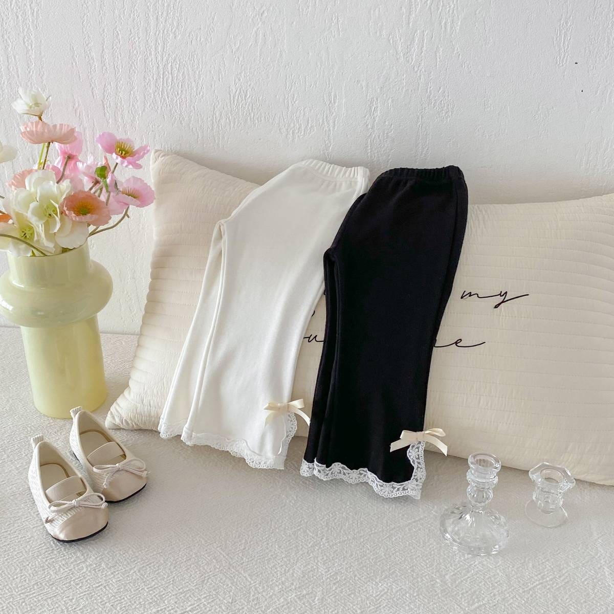 レギンスパンツ レギンスパンツ リブ生地 裾レースフリル スリットリボン フレア【mh0011393】