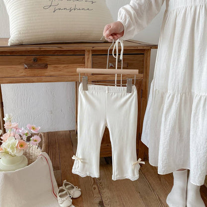 レギンスパンツ レギンスパンツ リブ生地 裾レースフリル スリットリボン フレア【mh0011393】