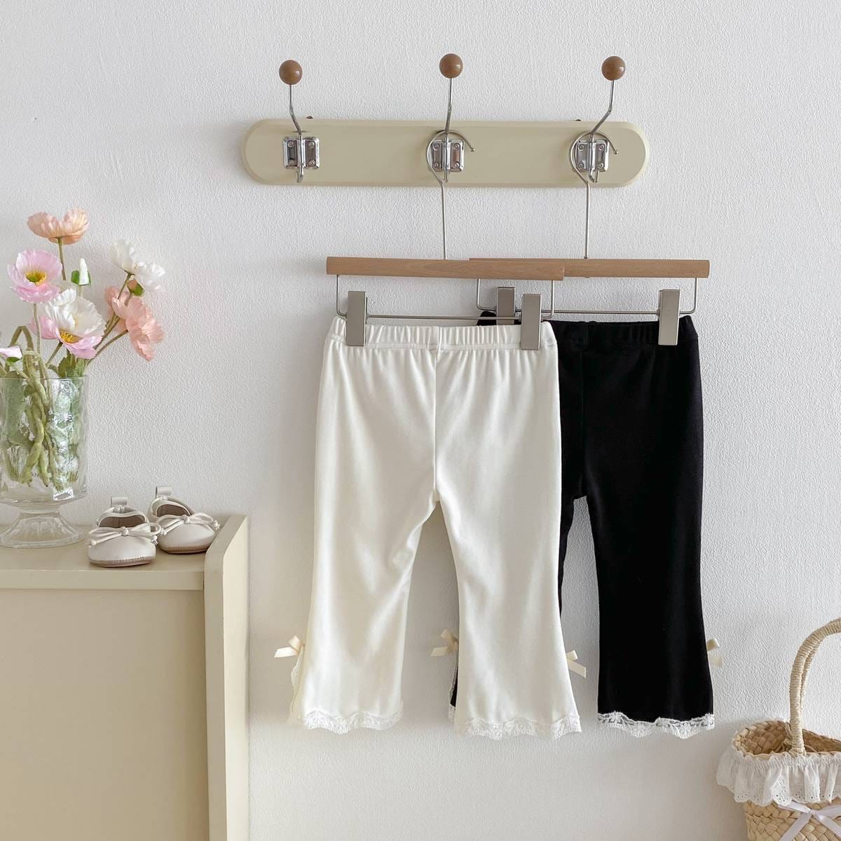 レギンスパンツ レギンスパンツ リブ生地 裾レースフリル スリットリボン フレア【mh0011393】