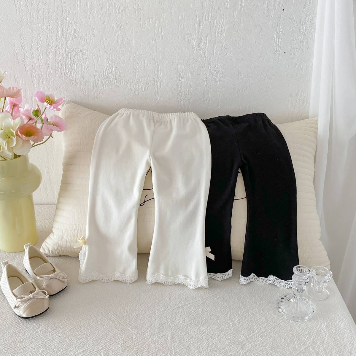 レギンスパンツ レギンスパンツ リブ生地 裾レースフリル スリットリボン フレア【mh0011393】