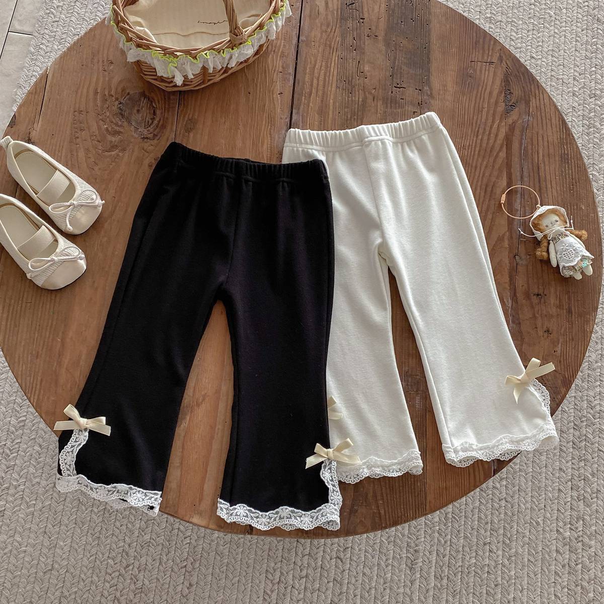 レギンスパンツ レギンスパンツ リブ生地 裾レースフリル スリットリボン フレア【mh0011393】