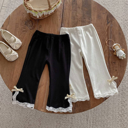 レギンスパンツ レギンスパンツ リブ生地 裾レースフリル スリットリボン フレア【mh0011393】