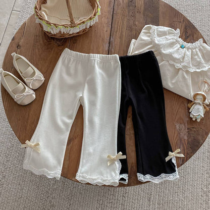 レギンスパンツ レギンスパンツ リブ生地 裾レースフリル スリットリボン フレア【mh0011393】