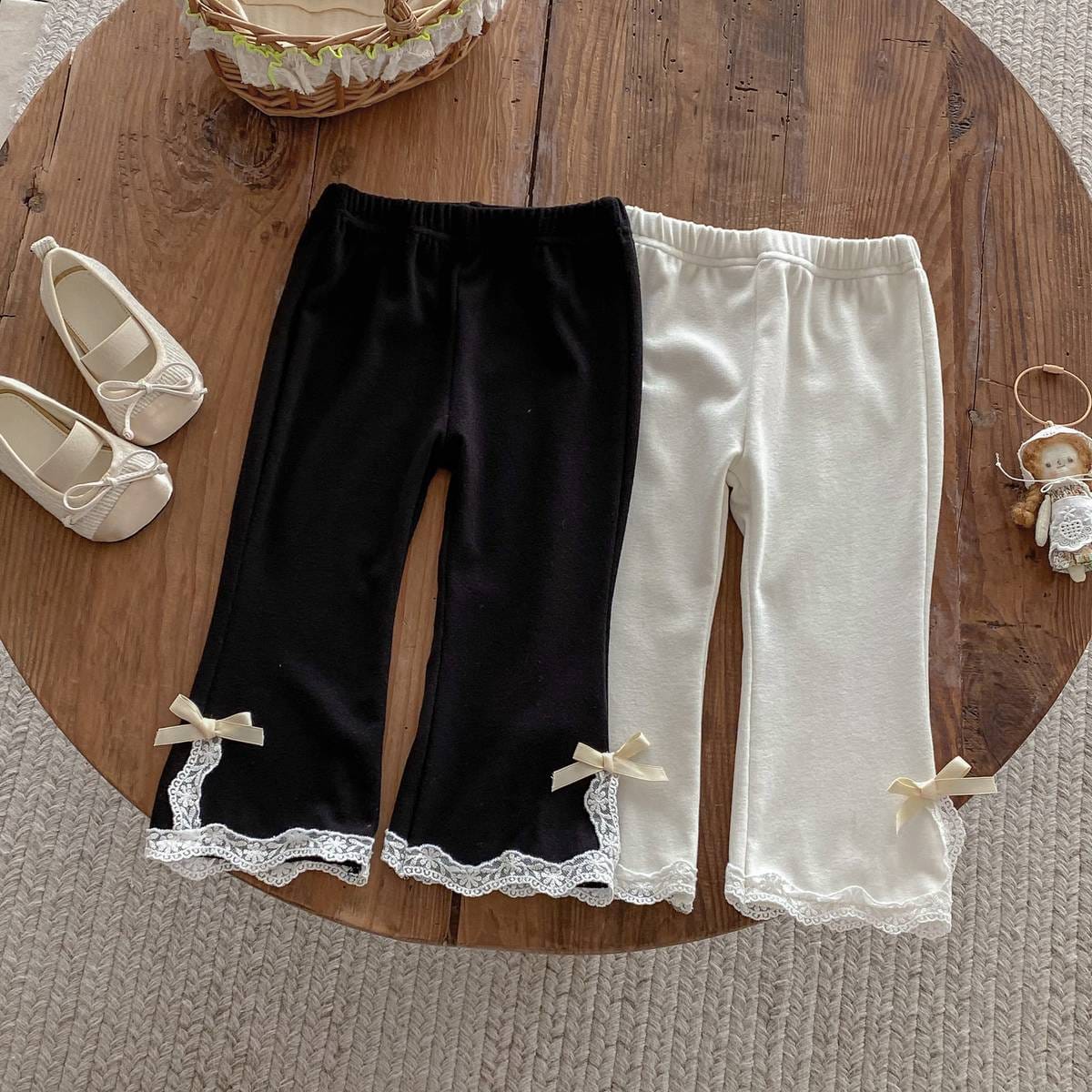 レギンスパンツ レギンスパンツ リブ生地 裾レースフリル スリットリボン フレア【mh0011393】