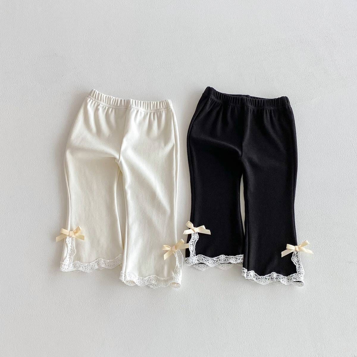 レギンスパンツ レギンスパンツ リブ生地 裾レースフリル スリットリボン フレア【mh0011393】