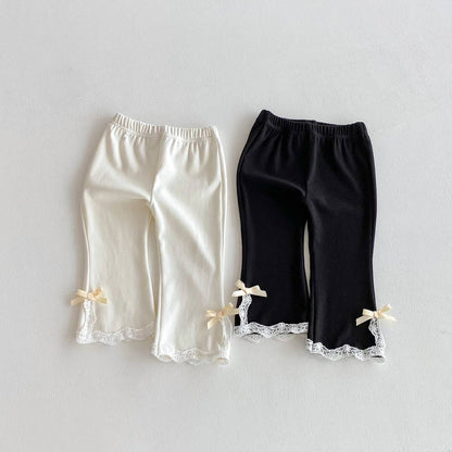 レギンスパンツ レギンスパンツ リブ生地 裾レースフリル スリットリボン フレア【mh0011393】