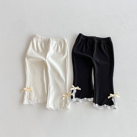 レギンスパンツ レギンスパンツ リブ生地 裾レースフリル スリットリボン フレア【mh0011393】