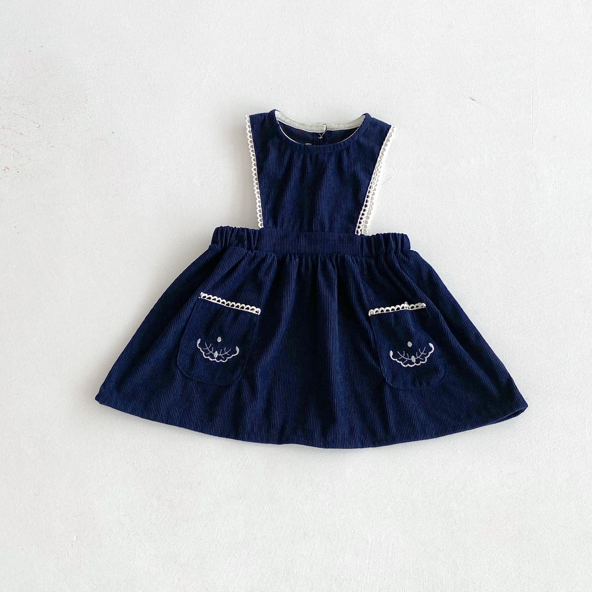 長袖セットアップ Navy Blue / 80cm フラワープリント丸襟長袖ブラウス/刺繍レースエッジノースリーブジャンパースカート【mh0010671】