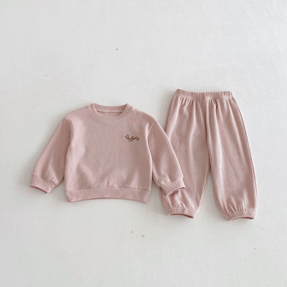 長袖セットアップ Oatmeal / 80cm Letter Embroidery Waffle Set ワッフル 刺繍 セットアップ【mh0011966】