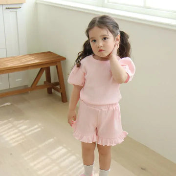 半袖セットアップ Pink / 12M  80CM キッズセットアップ 2点セット 半袖パフスリーブTシャツ+フリルショートパンツ リボンプリント 2カラー【mh0006322】