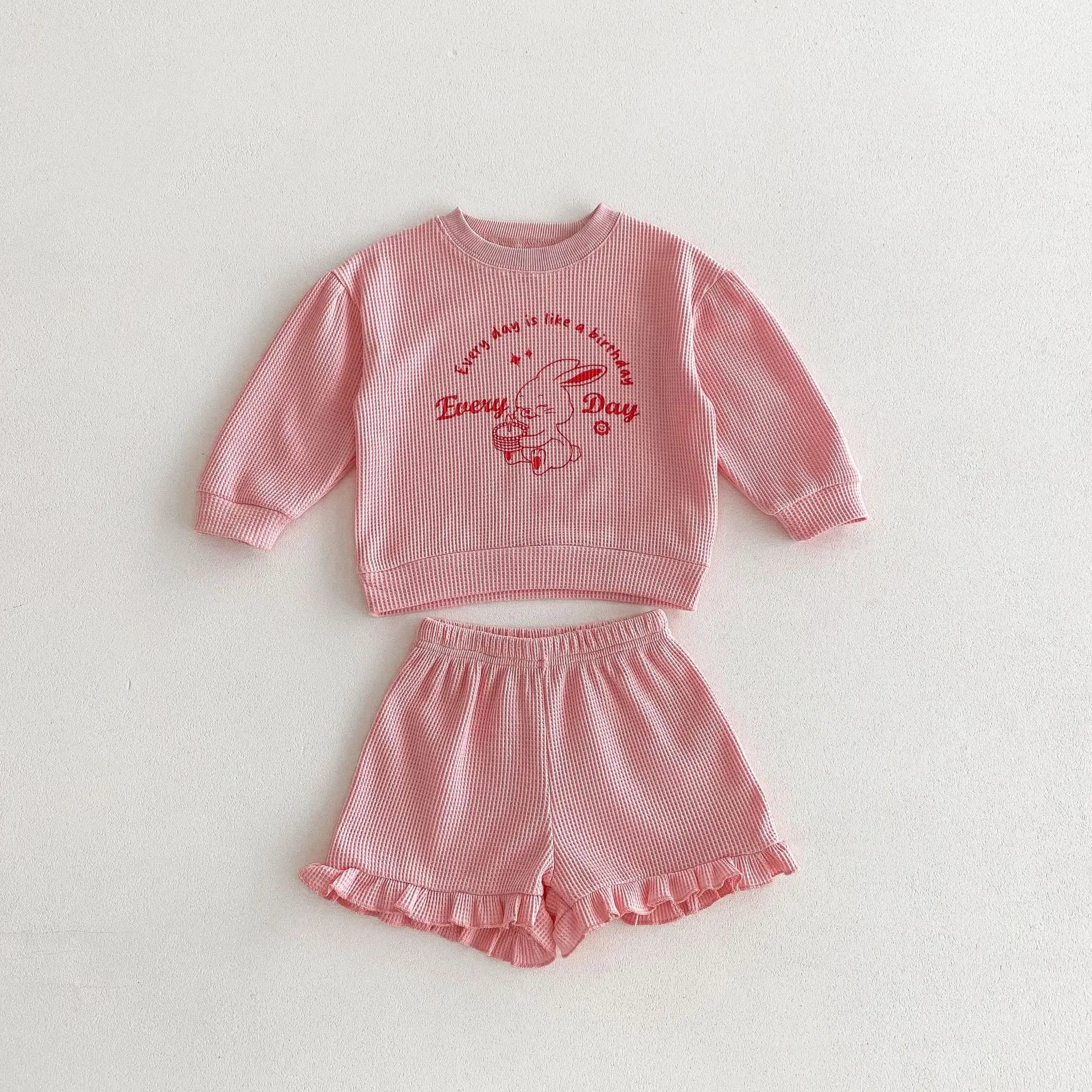 長袖セットアップ Pink / 12M  80CM キッズセットアップ 2点セット ワッフル 長袖Tシャツ+フリルショートパンツ うさぎプリント 2カラー【mh0006377】