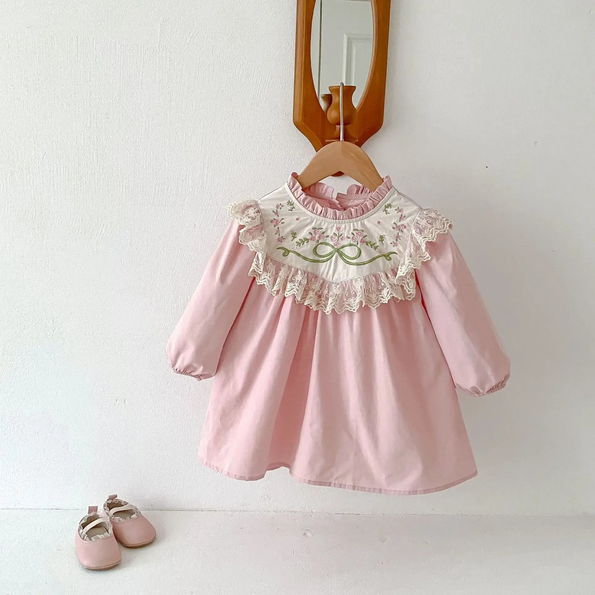 長袖ワンピース Pink / 12M  80CM キッズワンピース リボンローズフラワー刺繍レースフリル長袖ワンピース【mh0008031】