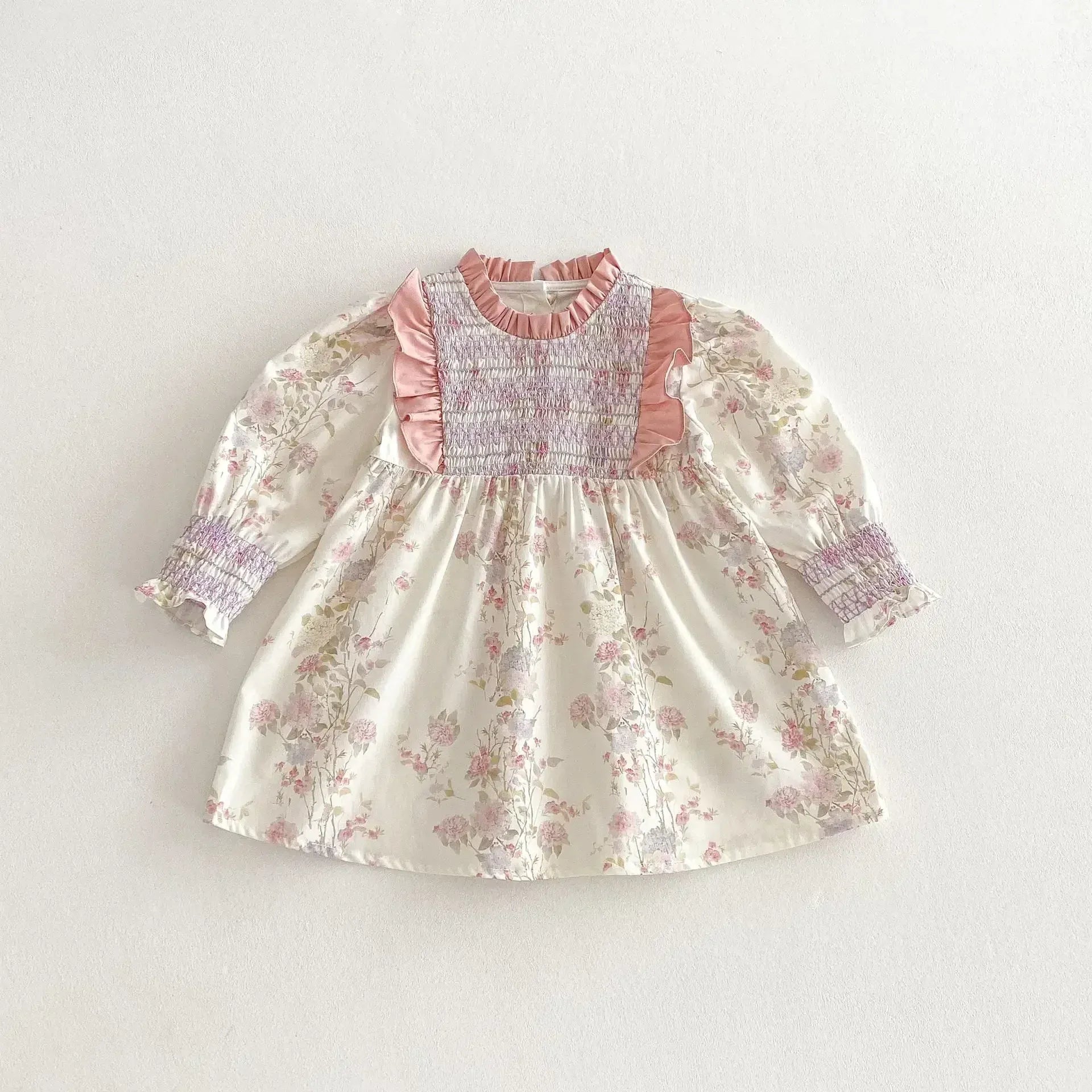 長袖ワンピース Pink / 12M  80CM キッズワンピース フラワープリントフリルシャーリング長袖ドレスワンピース【mh0008959】