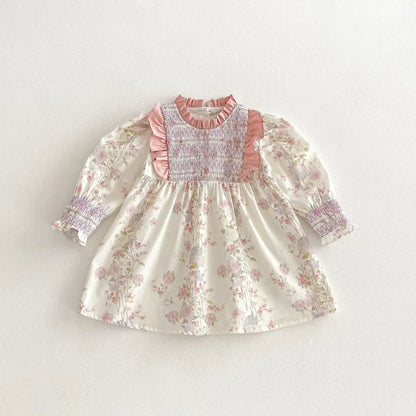 長袖ワンピース Pink / 12M  80CM キッズワンピース フラワープリントフリルシャーリング長袖ドレスワンピース【mh0008959】