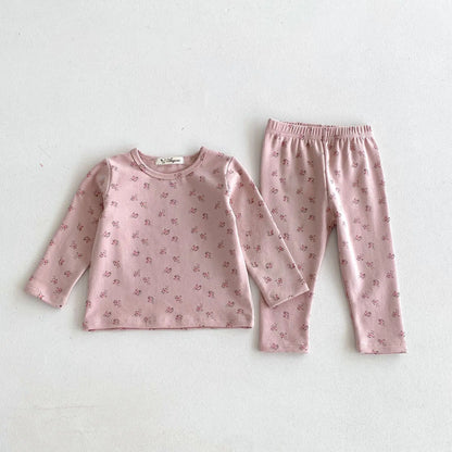 長袖セットアップ Pink / 12M  80CM キッズパジャマセット フラワー小花柄プリント長袖Tシャツ+ロングパンツ 2カラー【mh0006974】