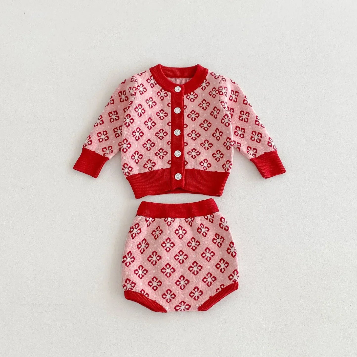 ロンパースセットアップ Pink / 66cm 0-6m ベビーセットアップ 2点セット レトロフラワーカーディガン+サスペンダーロンパース ピンクレッド【mh0007085】