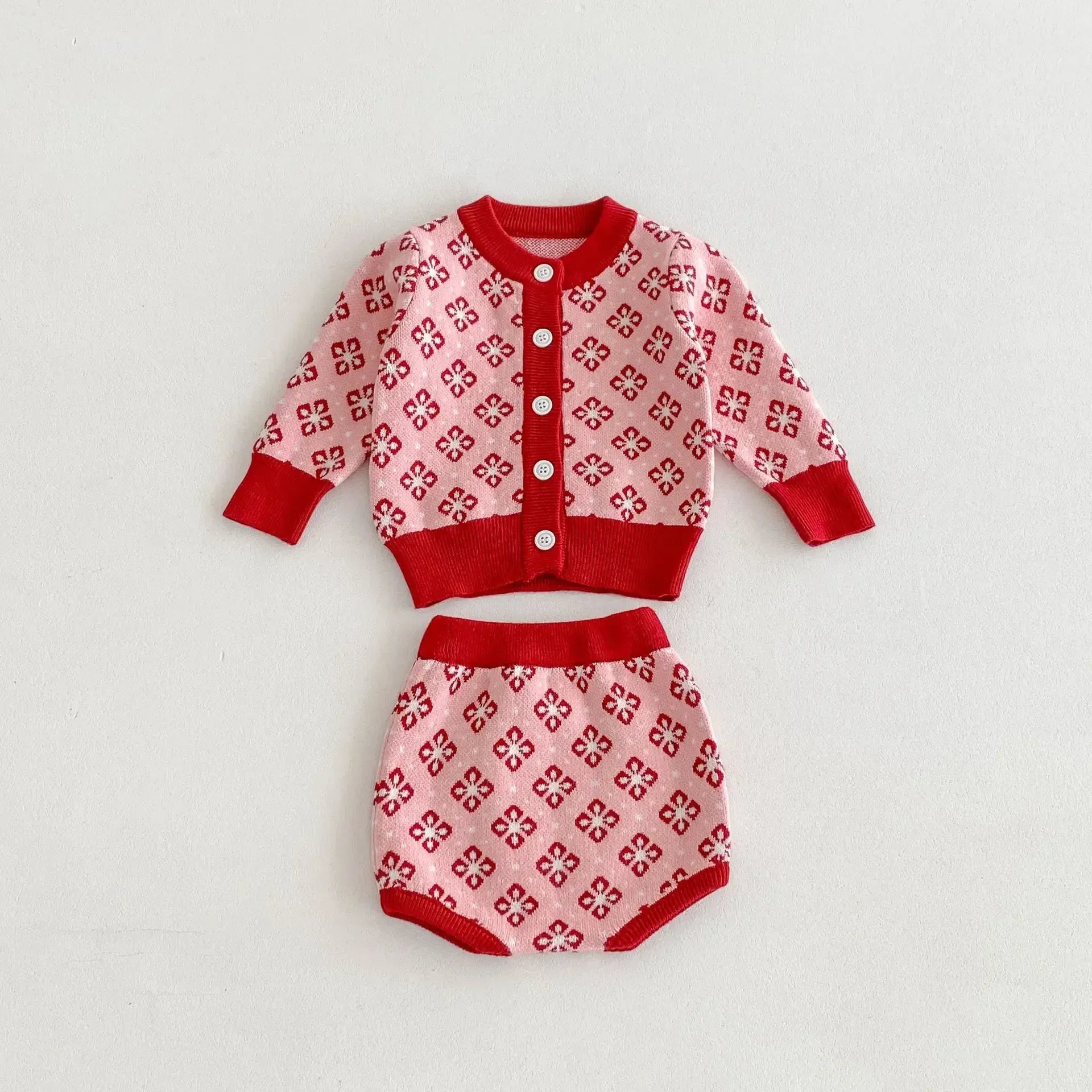 ロンパースセットアップ Pink / 66cm 0-6m ベビーセットアップ 2点セット レトロフラワーカーディガン+サスペンダーロンパース ピンクレッド【mh0007085】