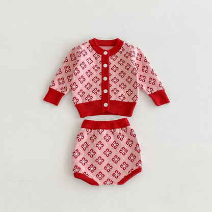 ロンパースセットアップ Pink / 66cm 0-6m ベビーセットアップ 2点セット レトロフラワーカーディガン+サスペンダーロンパース ピンクレッド【mh0007085】