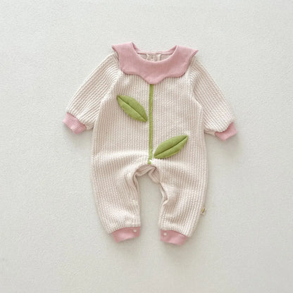 長袖ロンパース Pink / 66cm 0-6m ベビーロンパース フラワー襟リーフアップリケ長袖ジャンプスーツ【mh0007426】