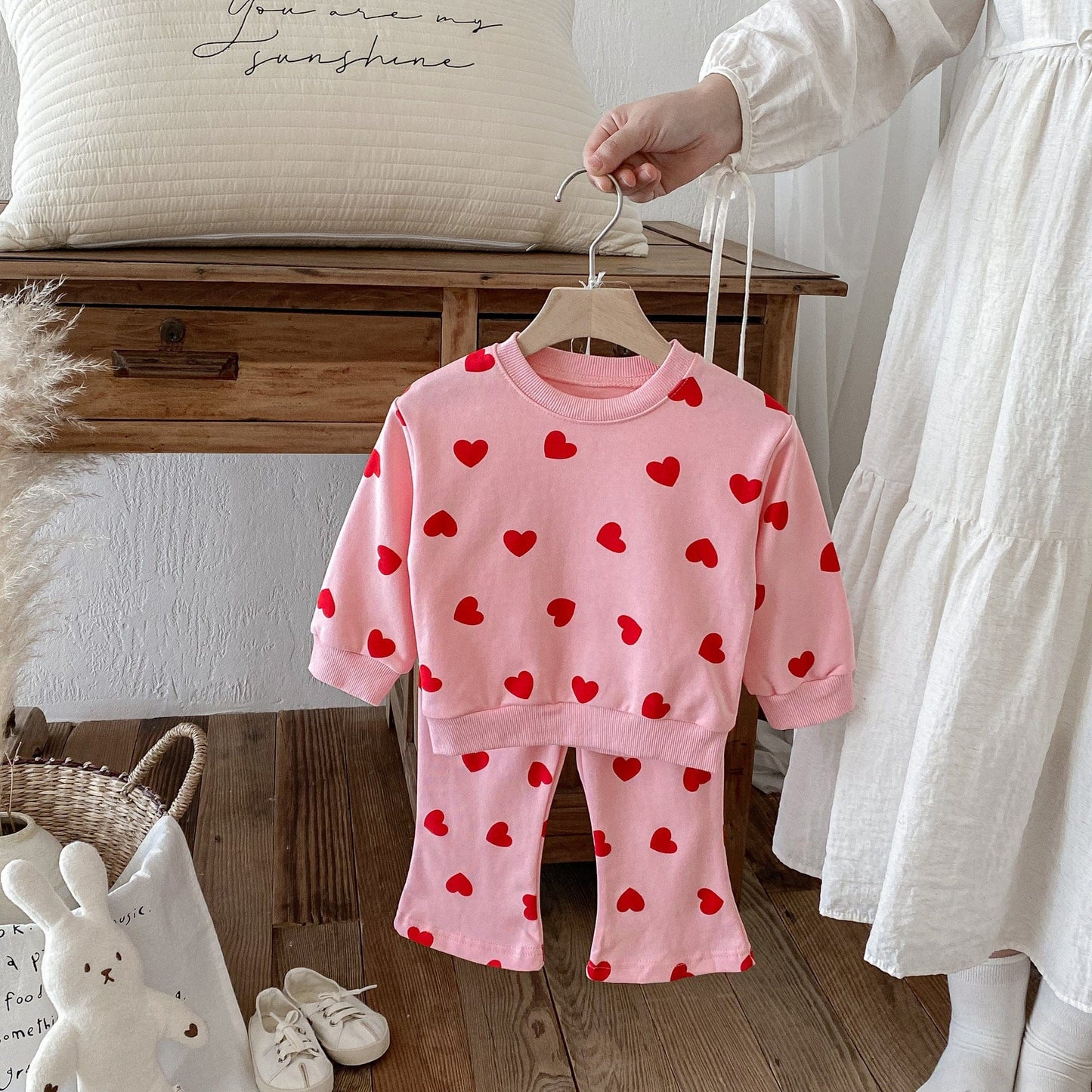 長袖セットアップ Pink / 80cm ハートプリント長袖スウェットシャツ+フレアロングパンツセットアップ 2点セット【mh0010692】