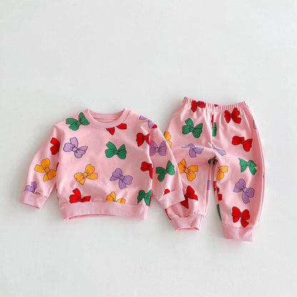 長袖セットアップ Pink / 80cm カラフルリボンプリント長袖スウェットシャツ+ロングスウェットパンツセットアップ 2点セット【mh0010693】