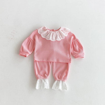長袖セットアップ Pink / 80cm 長袖トップス+パンツ ワッフル生地 レース襟 メロウフリル セットアップ 2点セット【mh0011380】