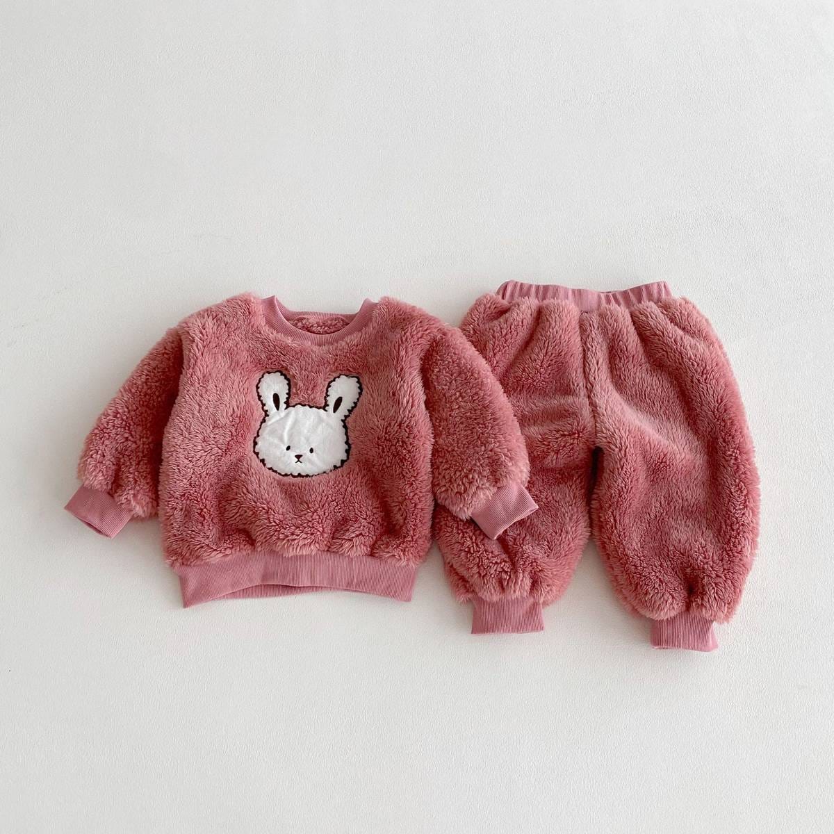 長袖セットアップ Pink / 80cm 長袖トレーナー+スウェットパンツ セットアップ 2点セット ボア生地 くまうさぎ アップリケ あったか【mh0011381】